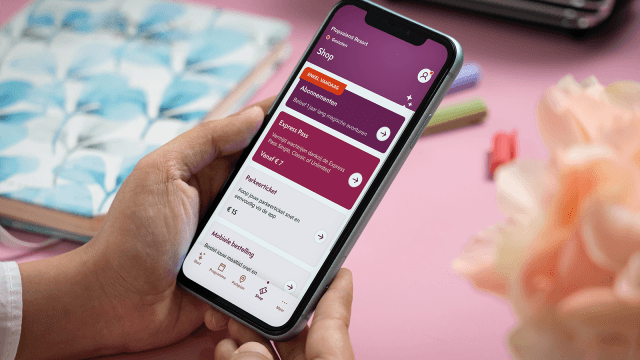 Gebruiker houdt mobiele telefoon vast met op scherm Plopsa-website